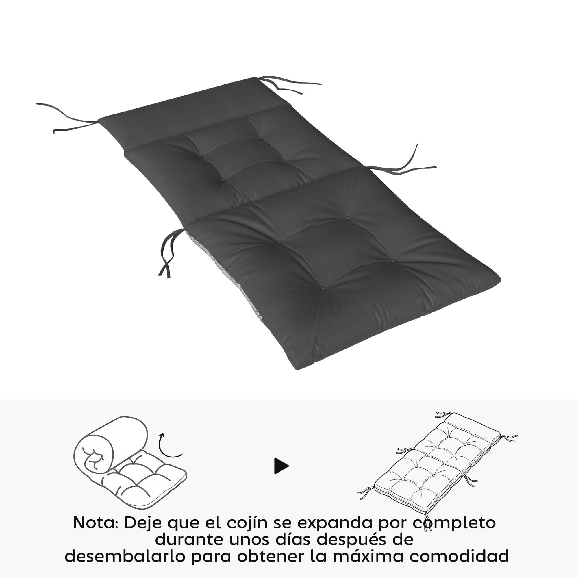 Outsunny Set de 4 Cojines para Sillas, Cojines para Jardín, Colchones de Banco con Respaldo, Correas, Impermeables y Antideslizantes, para Interior y Exterior 112x53x8 cm, Gris Oscuro