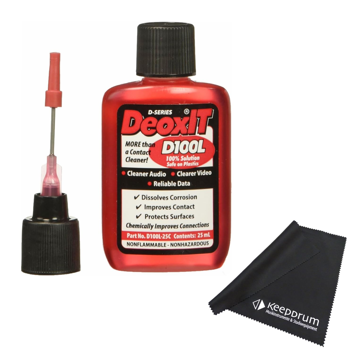 Caig DeoxIT D100L-25C Nettoyant de contact pour surfaces métalliques + chiffon microfibre Keepdrum