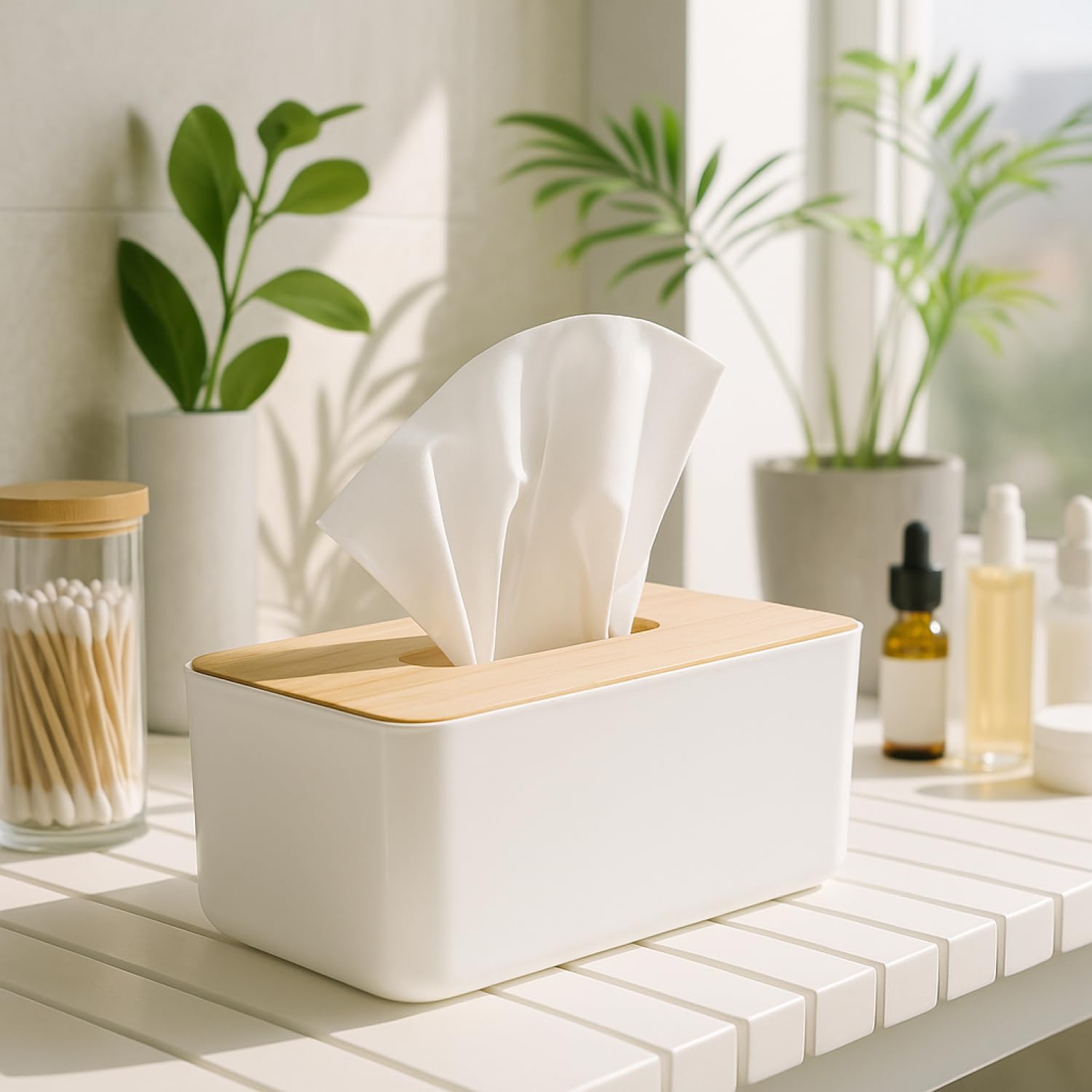 COM-FOUR® Pudelko na chusteczki kosmetyczne z tworzywa sztucznego z bambusowa pokrywka - Pudelko na chusteczki do lazienki, sypialni i salonu - podajnik reczników (1 sztuka - bambus bialy)