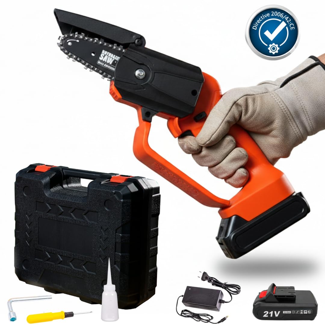 Elektrische Mini-Kettensäge, 21 V, tragbar, kabellos, mit Akku und Ladegerät, zum Schneiden von Holz und Gartenzweigen, Gartenwerkzeug