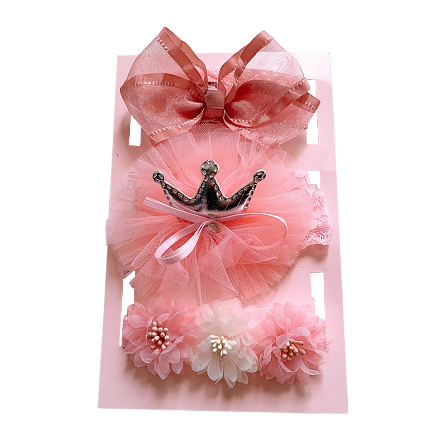SYGA 3 Pcs Baby Girl Headband Soft Flower Bow Strechable Hairband Suitable For Newborns, Infants, Toddlers and Kids 0-3 Years(Pink Bow/Silver Crown)-image-19