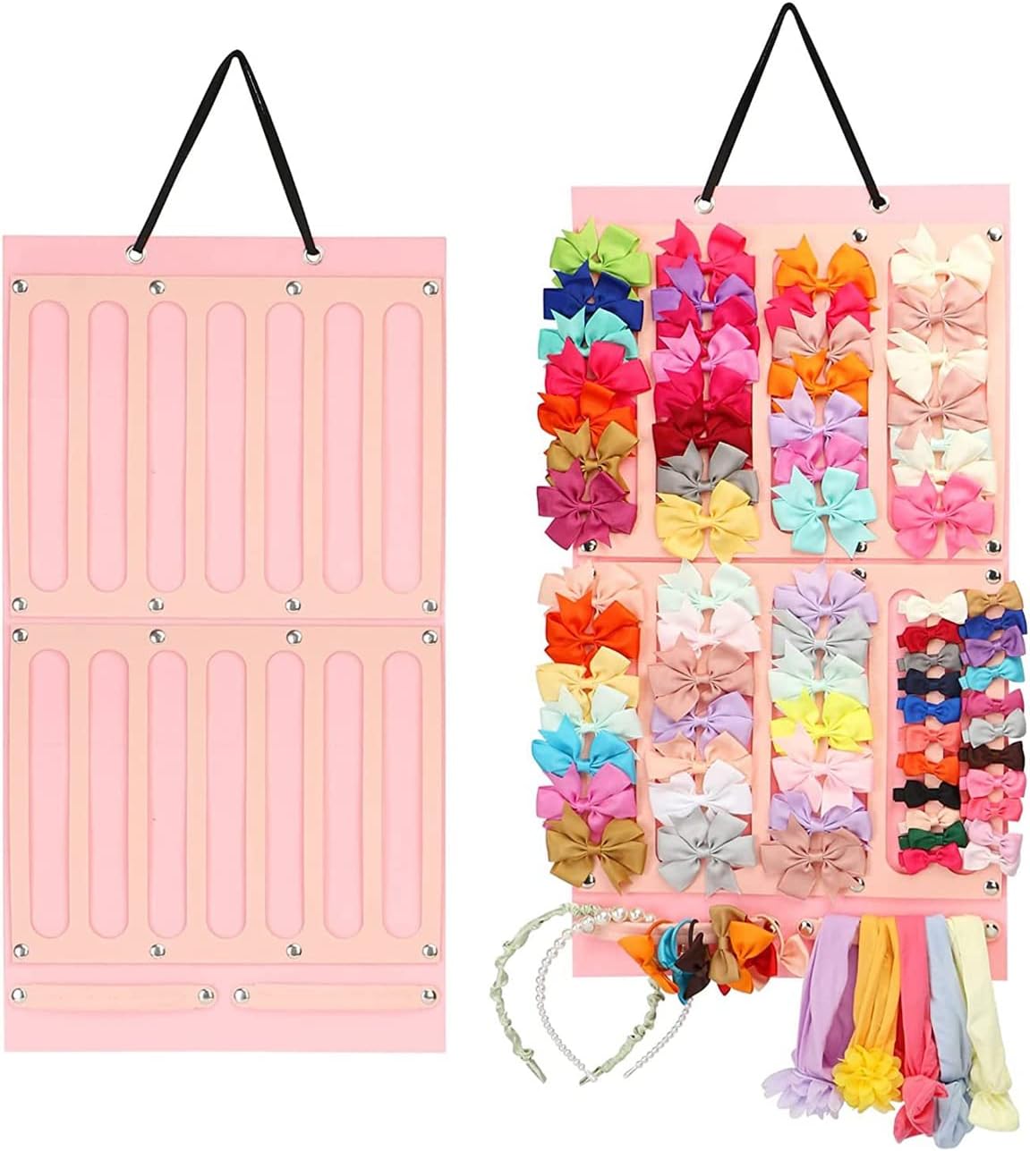 Organizador de Diadema- simyron Colgador de Almacenamiento para Pinzas para el pelo con 16 cintas, Soporte para Almacenamiento de Moños de Fieltro para decoración de habitación niñas ( Rosa)