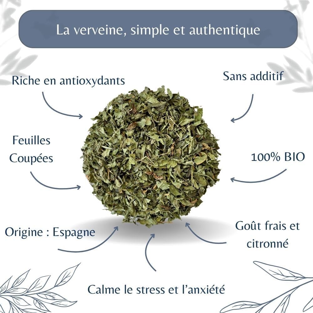 Feuilles de Verveine Bio en Vrac - Herboristerie et Tisane Relaxante - Aloysia Citriodora Palau - Agriculture Biologique - Conditionné en France (500 g (250 Tasses))