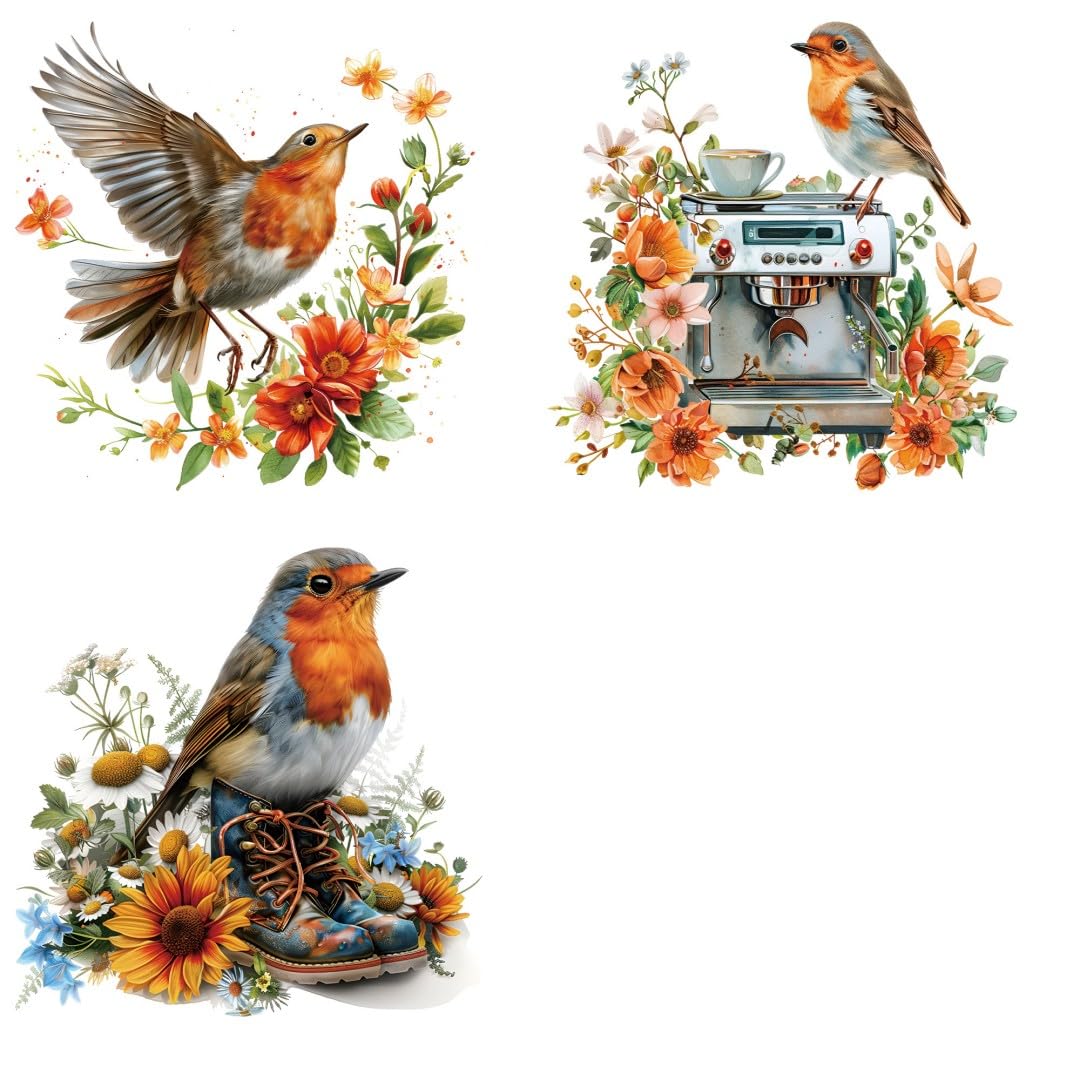 Robin Bird with Flowers Iron Transfer Patch Heat Transfer Sticker Vinyl Design Iron Applique T-Shirt Clothing DIY Craft Applique Clothing Decoration (P2)