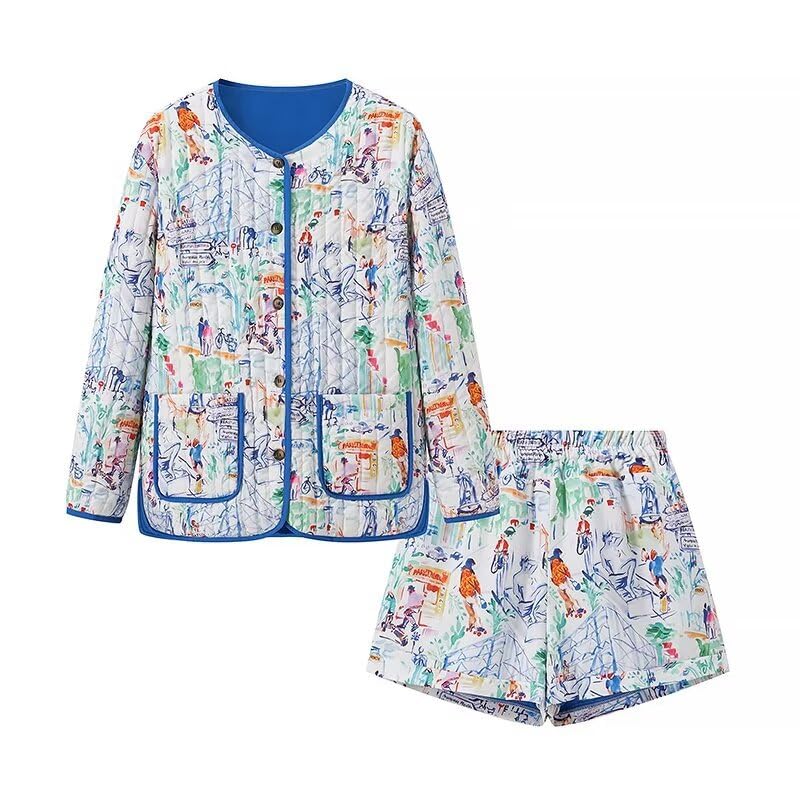 Women's Quilted Jacket Set Lightweight Vintage Floral Print Puffer Jacket Down Shorts Outfit with Pockets