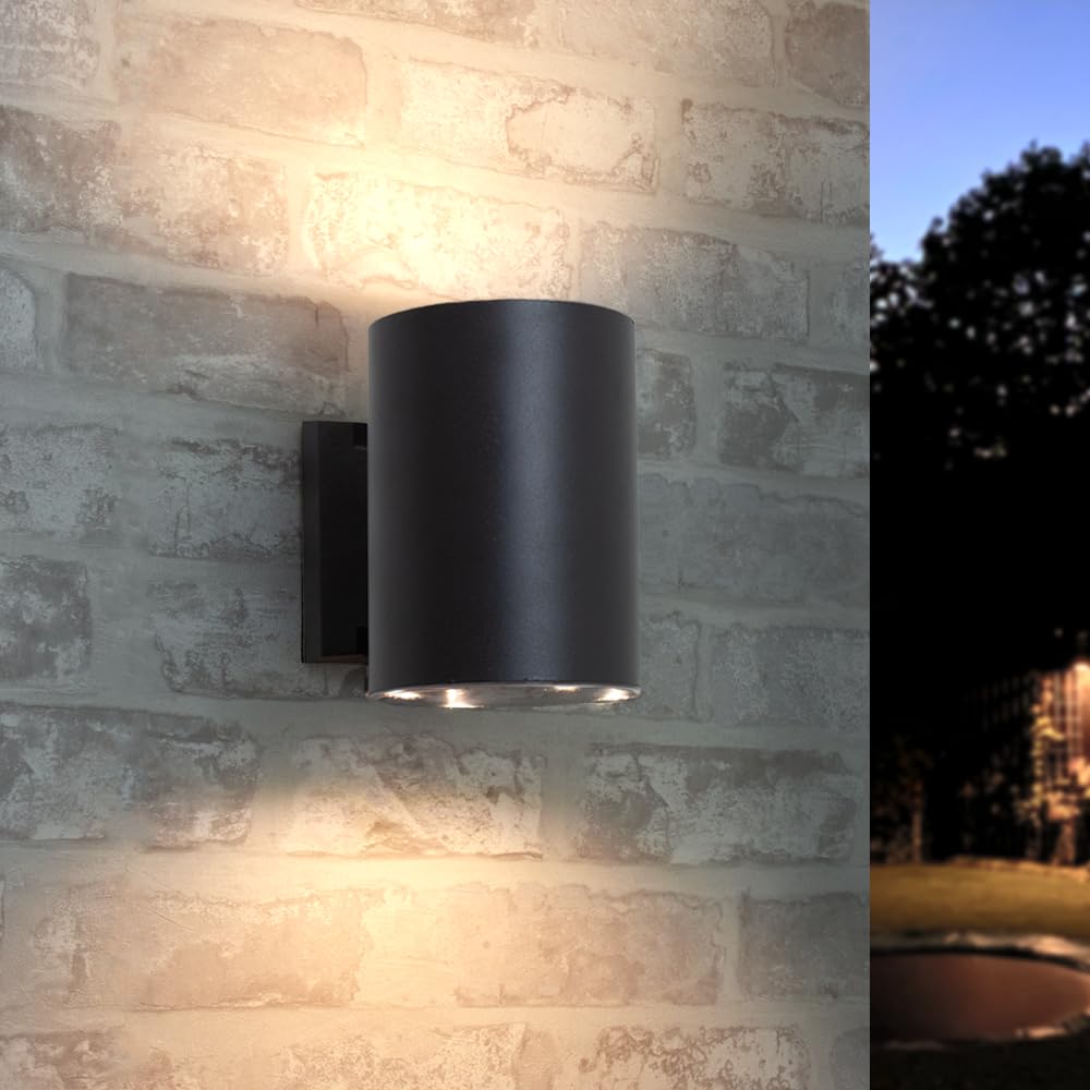RexTech Solar Wandleuchten Sver 2er-Set, Up & Down, Rund, 2700K | Dämmerungssensor, zwei Leuchtstufen mit 25 oder 50 Lumen, schwarzes Gehäuse für Fassade und Zaun