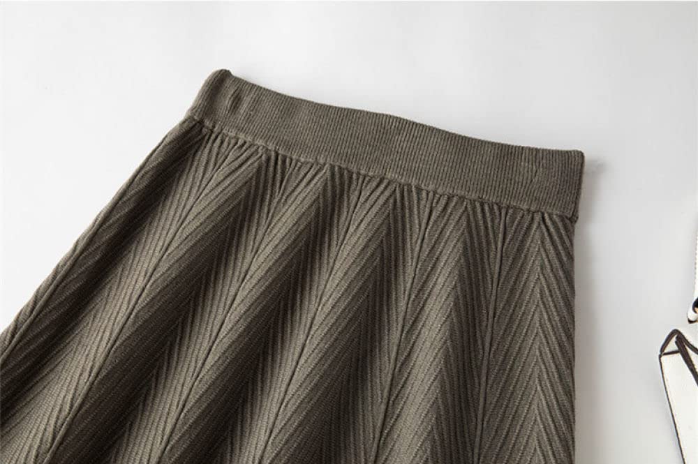 Damen Strickrock,Damen Maxirock Olivgrün Elastisch Hohe Taille Gestrickte Textur Regenschirmrock Vintage Schlanke A-Linie Swing Geraffte Herbst Lange Röcke Für Mädchen Damen,M