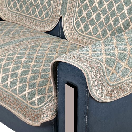 Image of Premium Chenille Woven Anti-Slip 5 Seater Sofa Cover with Armt Rest | L-Shape Sofa Seat Protector for Living Room | Durable & Stylish Slipcover - Teal