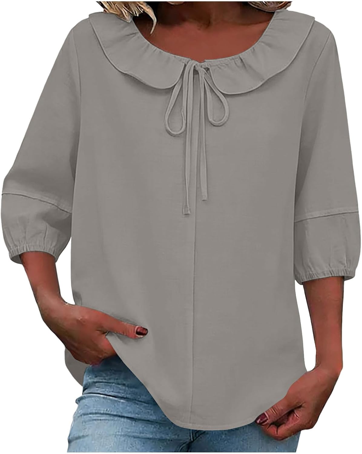 Womens Cute Ruffle Collar Shirts 3/4 Puff Sleeve Linen Blouses Babydoll Casual Loose Fit Tops