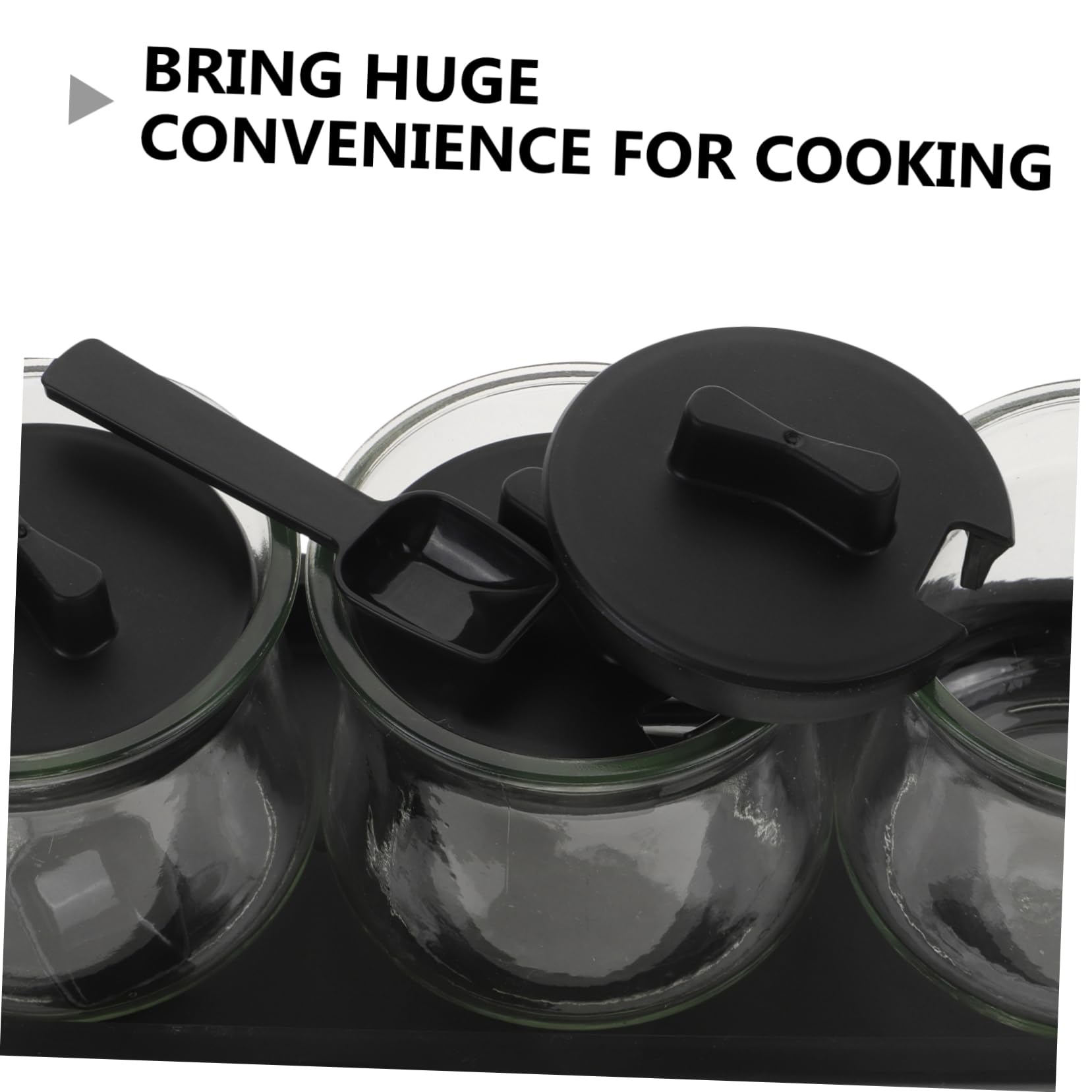 POPETPOP Set 3pezzi Barattoli per Spezie in Vetro Trasparente con Cucchiai e Vassoio, Contenitori Condimenti in Pp e Vetro Soda, Design Lavabile per Cucina