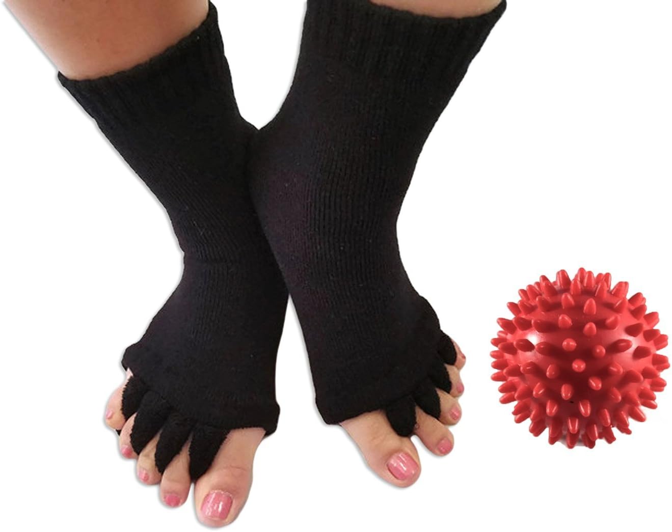 Toe Separator Yoga Gym Sports Massage Socks for Foot Alignment, Great for Sore Feet and Diabetics with Free Exercise Guide! (Ball + Black)