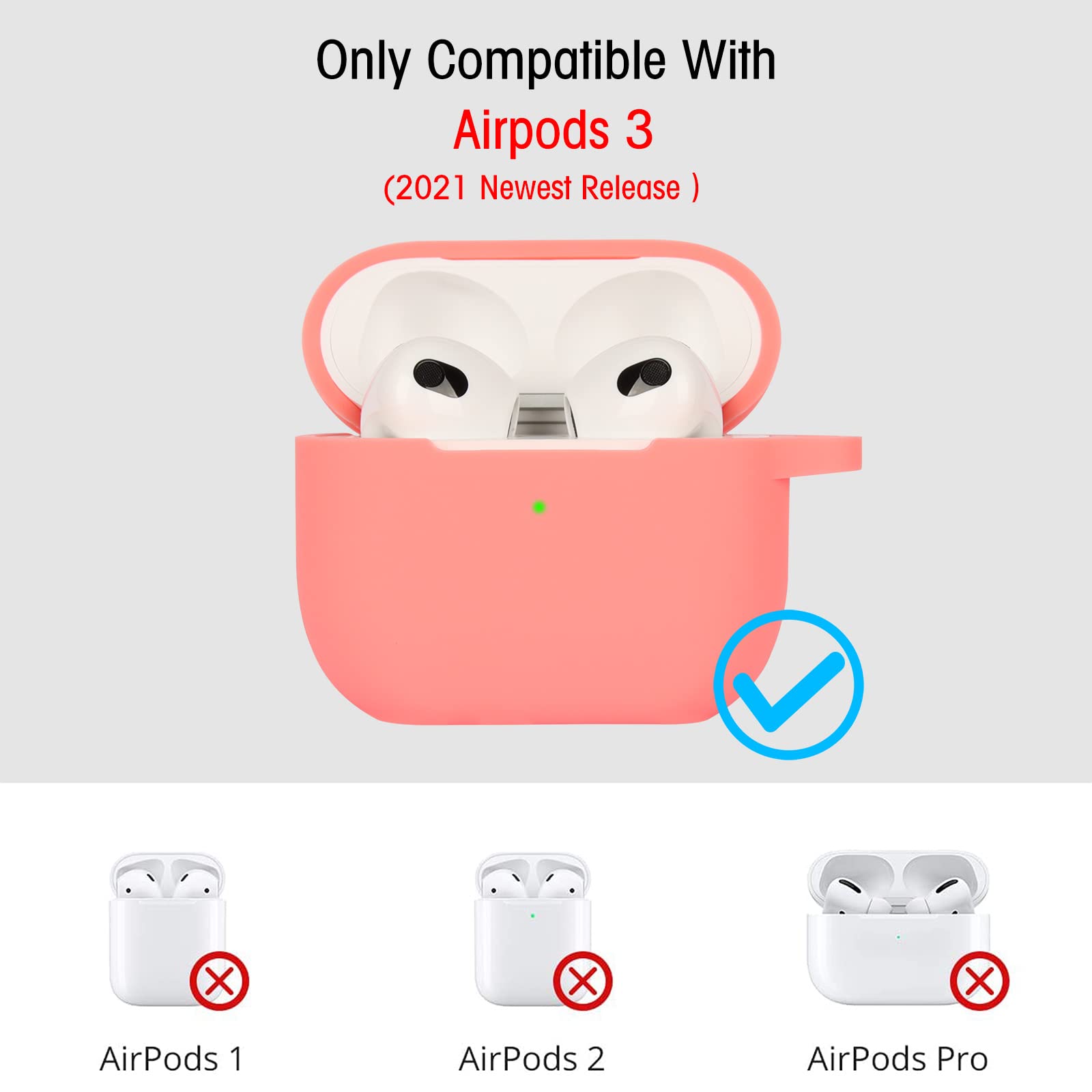 Funda de Silicona Compatible con AirPods 3, Anti-rasguños, Anti-Polvo, LED Frontal Visible, Funda Premium Silicona para AirPods 3.ª Generación (2021) con Mosquetón, Coral Orange - 3