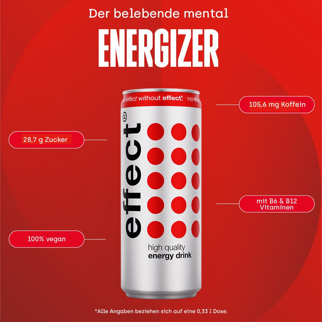 effect Energy Drink CLASSIC – Tray mit 24 x 330 ml Energy Dosen Einweg, Koffeinhaltiges Erfrischungsgetränk mit B-Vitaminen – einzigartiger & erfrischender Geschmack, vegan