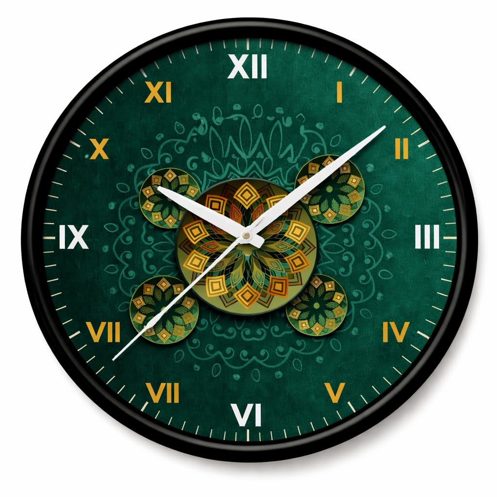 TIKAM Enterprises, Premium Green Mandala Wall Clock ? Modern Roman Numeral Decorative Silent Wall Clock for Home & Office-picture-20