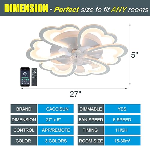 Miniatura 2 de Ventilador de techo inteligente de 27 pulgadas con luces y control remoto, moderno ventilador de techo empotrado empotrado, luz de techo regulable