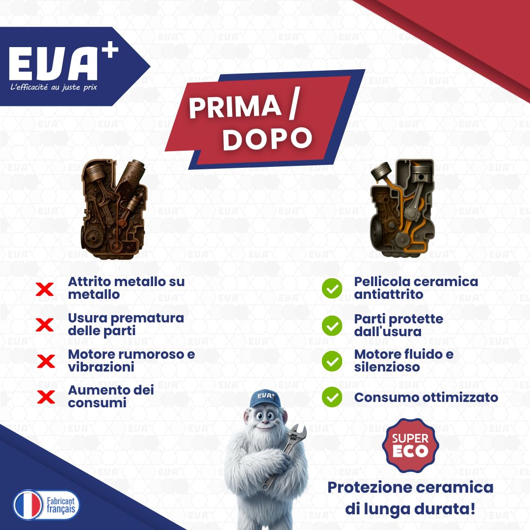 Trattamento Ceramico Booster Olio Motore 300mL - EVA+ EVAAD004 | Additivo Anti-Attrito & Antiusura | Riduce Consumi & Rumore Motore | Protezione Turbo Benzina Diesel Ibrido | Fino a 5L di Olio