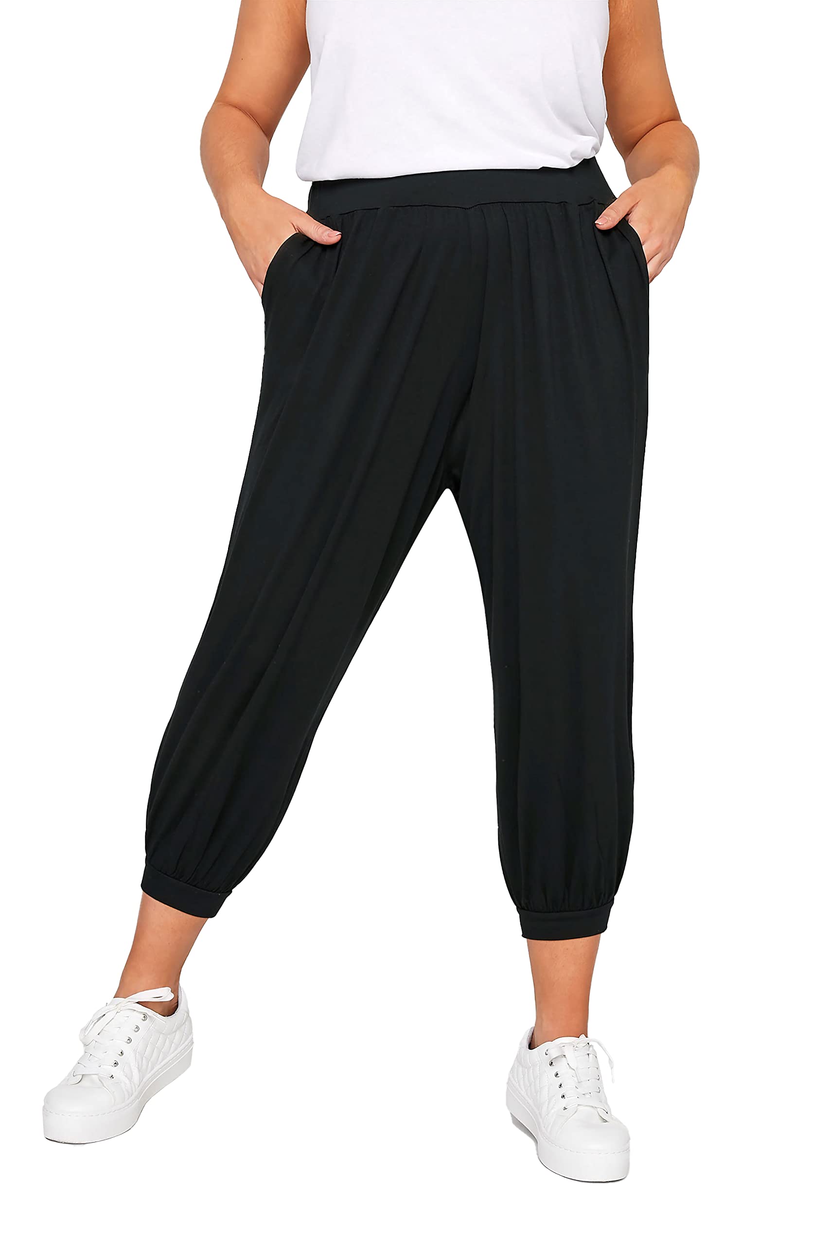 Yours Black Harem Joggers - Plus Size - Jersey Fabric - Elasticated Waistband - Cropped Trousers