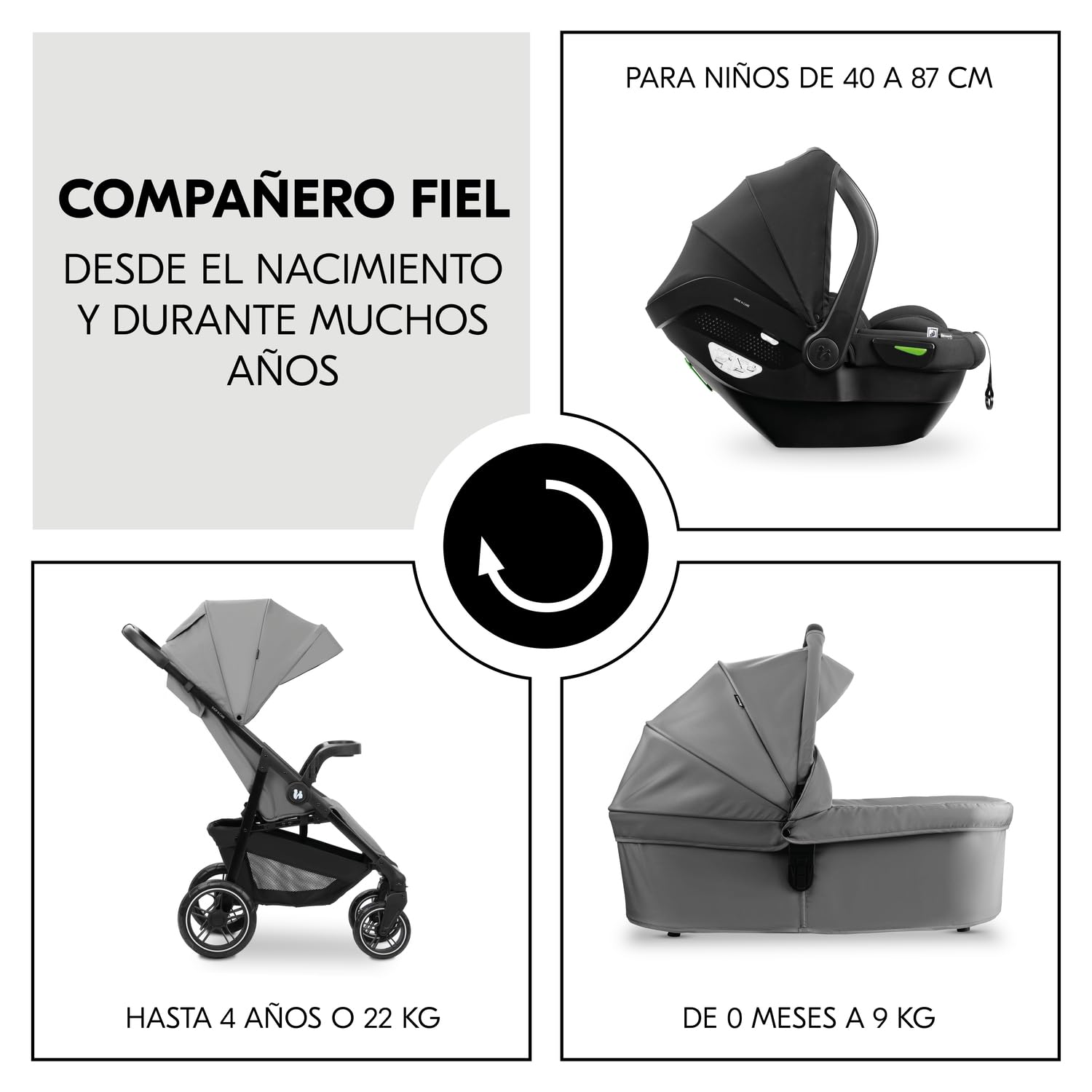 hauck Carro Bebe 3 Piezas Shop N Care Trio Set - Set de Carrito 3 en 1 con Cochecito, Silla de Coche y Silla de Paseo desde el Nacimiento hasta 22 kg, Compacto, Reclinable, Protección UV 50+ - Gris