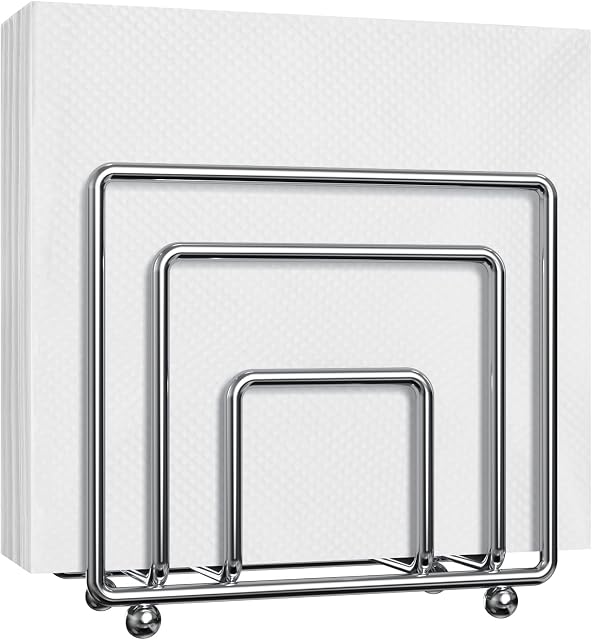 Housolution Napkin Holder, Simple Square Pattern Design Metal Serviette Holder Napkin Organizer Stand, Upright Decorative Napkins Holder Table Decor for Home Kitchen, Silver