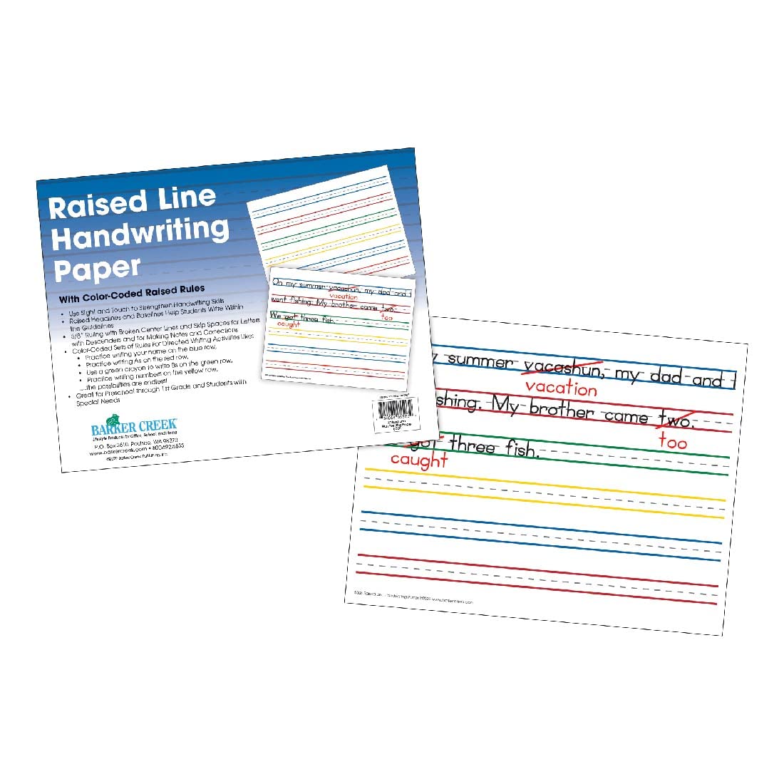 Barker Creek Raised Line Handwriting Paper, Use Sight and Touch to Strengthen Handwriting Skills with Color-Coded Raised Rules, 8.5'' x 11'', 50 Sheets per Pkg (5503)