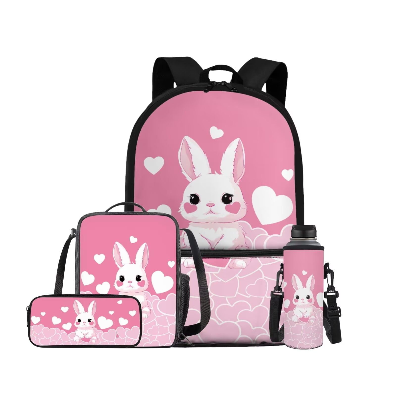 ELEDIZI Bunny Backpack for Girls Kids Backpack with Lunch Box Water Bottle Carrier with Strap and Cute Pencil Case 4PCS Set Bookbag with Front Pocket