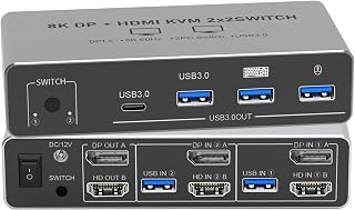 8K HDMI Displayport KVM Switch 2 Monitors 2 Computers | KVM Switcher with 4 USB 3.0 ports Share Keyboard, Mouse & Printer for 2 PC, Compatible with Laptops, Gaming Consoles and More