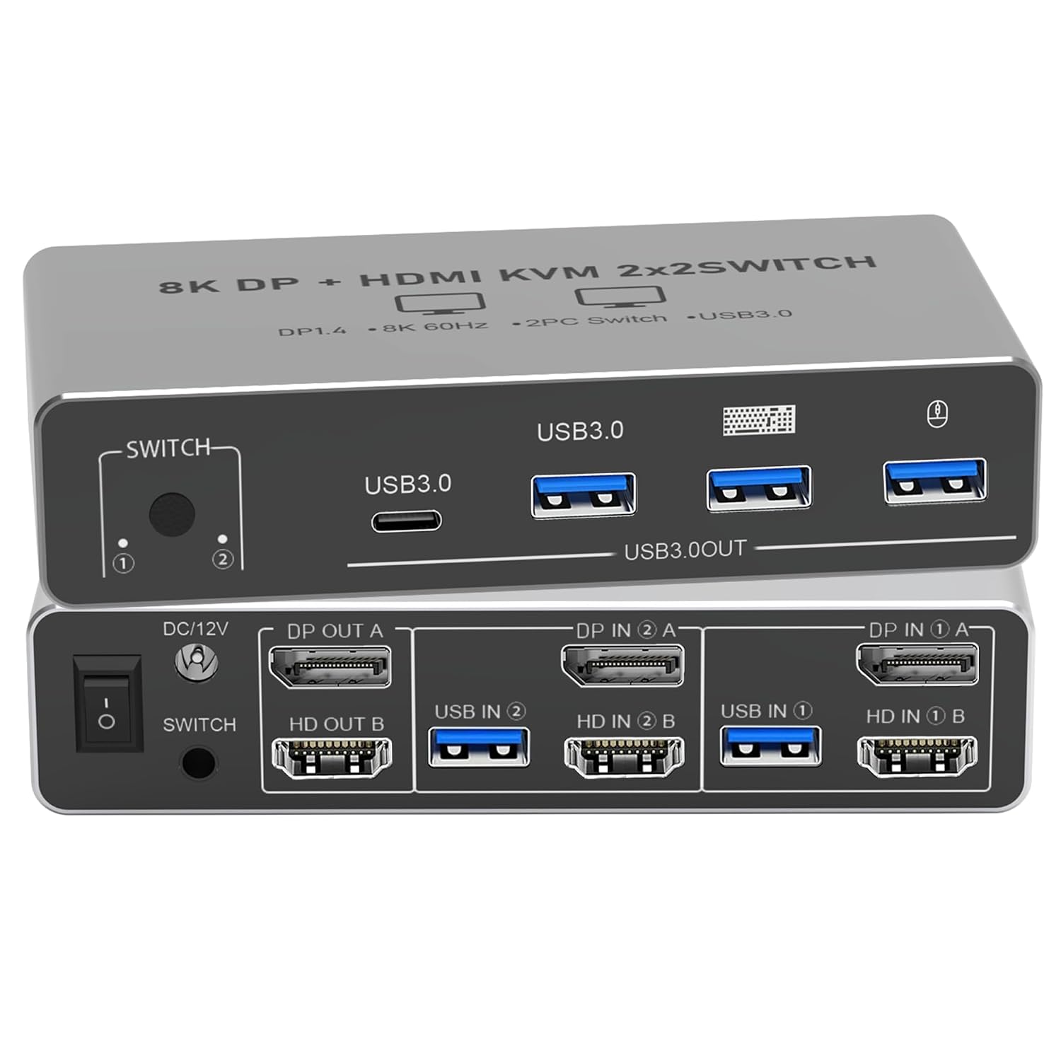 Tendak HDMI Displayport KVM Switch 2 Monitors 2 Computers, 8K@60Hz Dual Monitor KVM Switches with 4 USB 3.0 Ports for Sharing Keyboard Mouse Hard Drives with 2 USB Cables, Controller & Power Adapter