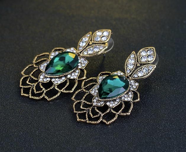 LARGE Art Deco Antique Vintage Retro Victorian Style Dark Hunter Forest Green Emerald Rhinestone Bridal Bridesmaid Wedding Drag Queen Prom Statement Dangle Earrings - Image 2