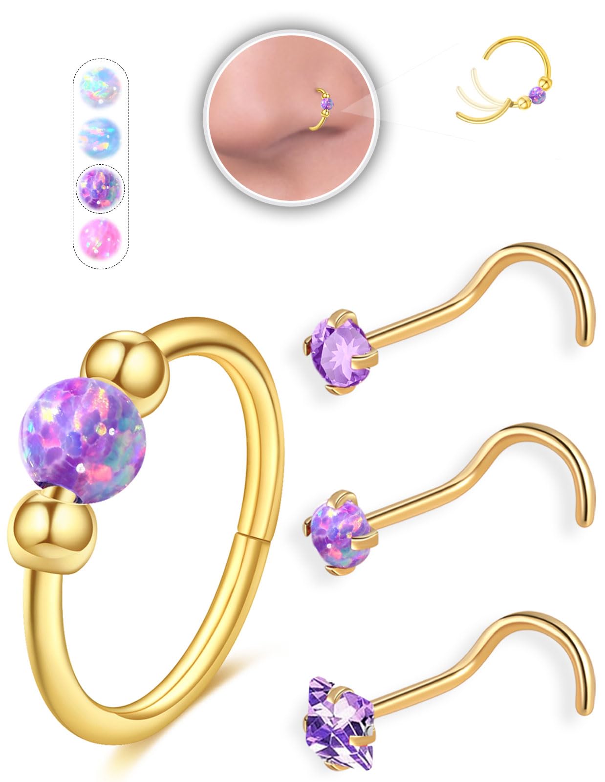 Opal Nose Ring Studs Horseshoe Nose Rings Hoops Stud 316L Stainless Steel Nose Rings Round CZ Square Screw L Shaped Nose Stud Hypoallergenic Nostril Piercing Jewelry for Women Men