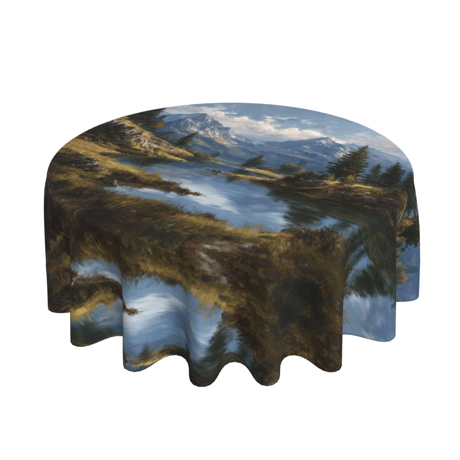 ESNAIUVCD lakes and mountains print Round Tablecloth Waterproof Washable Wipeable Resistant Polyester Circular Table Cover for Dining Room Kitchen Indoor Outside 60"