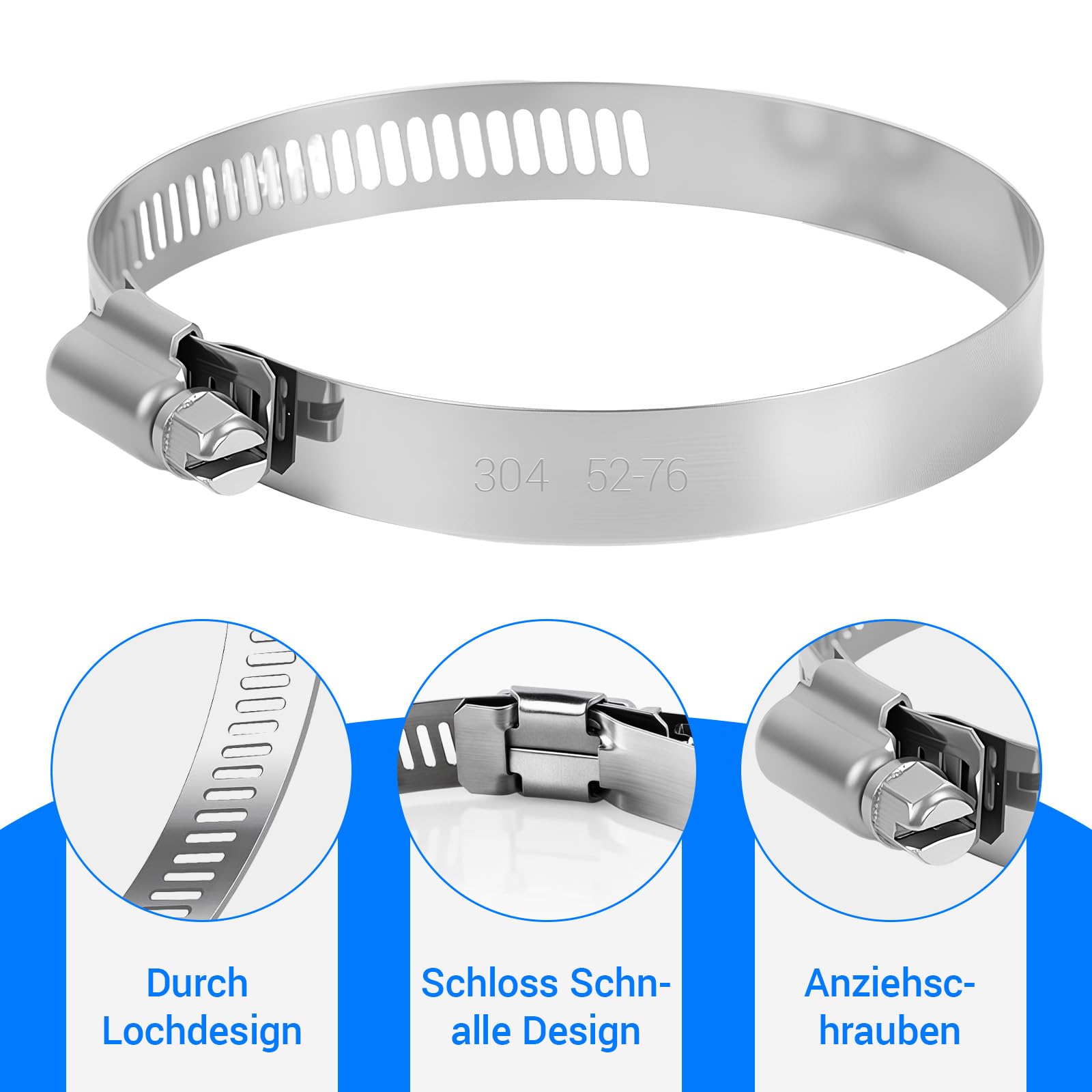 6 Stück Schlauchschellen aus Edelstahl, Metallschellen, Schlauchschellen aus Edelstahl, verstellbar, 52-76 mm, Metallschelle mit Schraube, Schlauchschelle mit Bolzen für Wasserschlauch Auto Pool