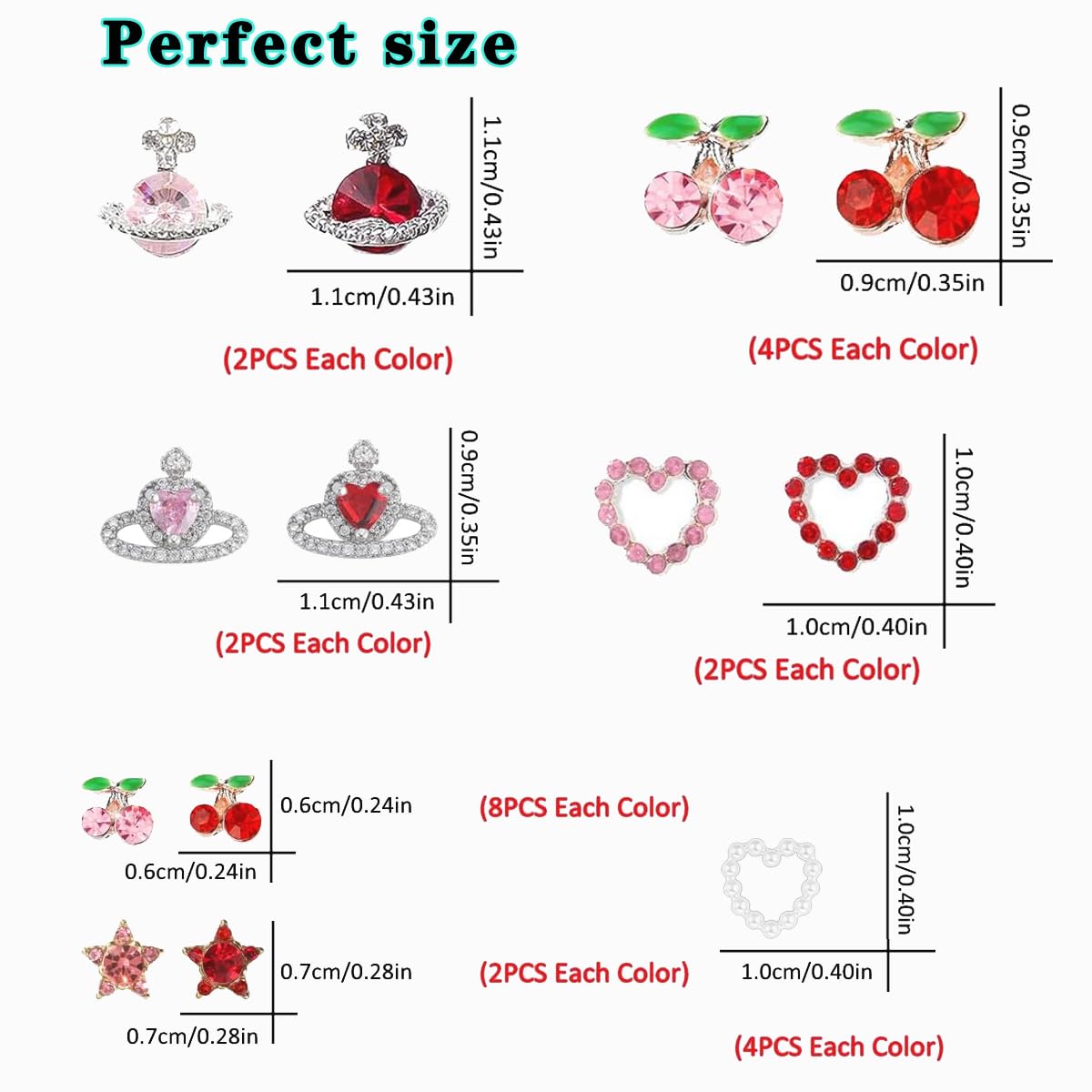 COOSLIM 45 ciondoli per unghie a forma di ciliegia, con strass rossi e rosa, gemme per nail art, stelle, cuore, pianeta, perle, decorazioni per unghie, a forma di Saturno, accessori per unghie in
