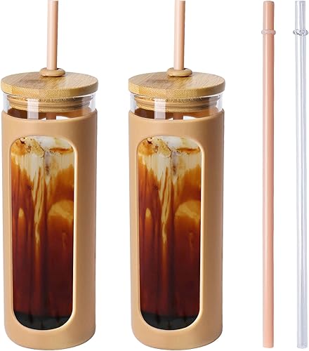 Kodrine - Botella de agua de vidrio de 24onzas con popote y tapa, vaso para licuados de boca ancha, funda protectora de silicona libre de BPA, color disponible en Yaxa Peru