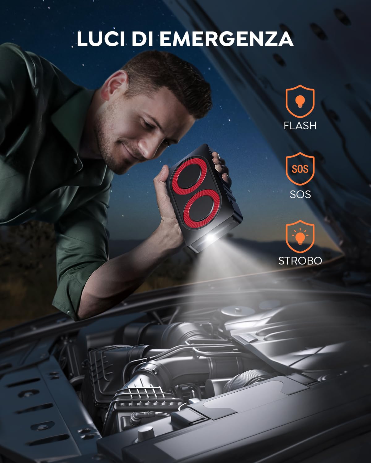 Booster Avviamento Auto 2000A 12800mAh Starter Batteria Auto Portatile, Avviatore Emergenza per Auto con Impermeabile IP67, Ricarica rapida, Luce, Compatto (Fino a 6.5L Gas/5.5L Diesel)