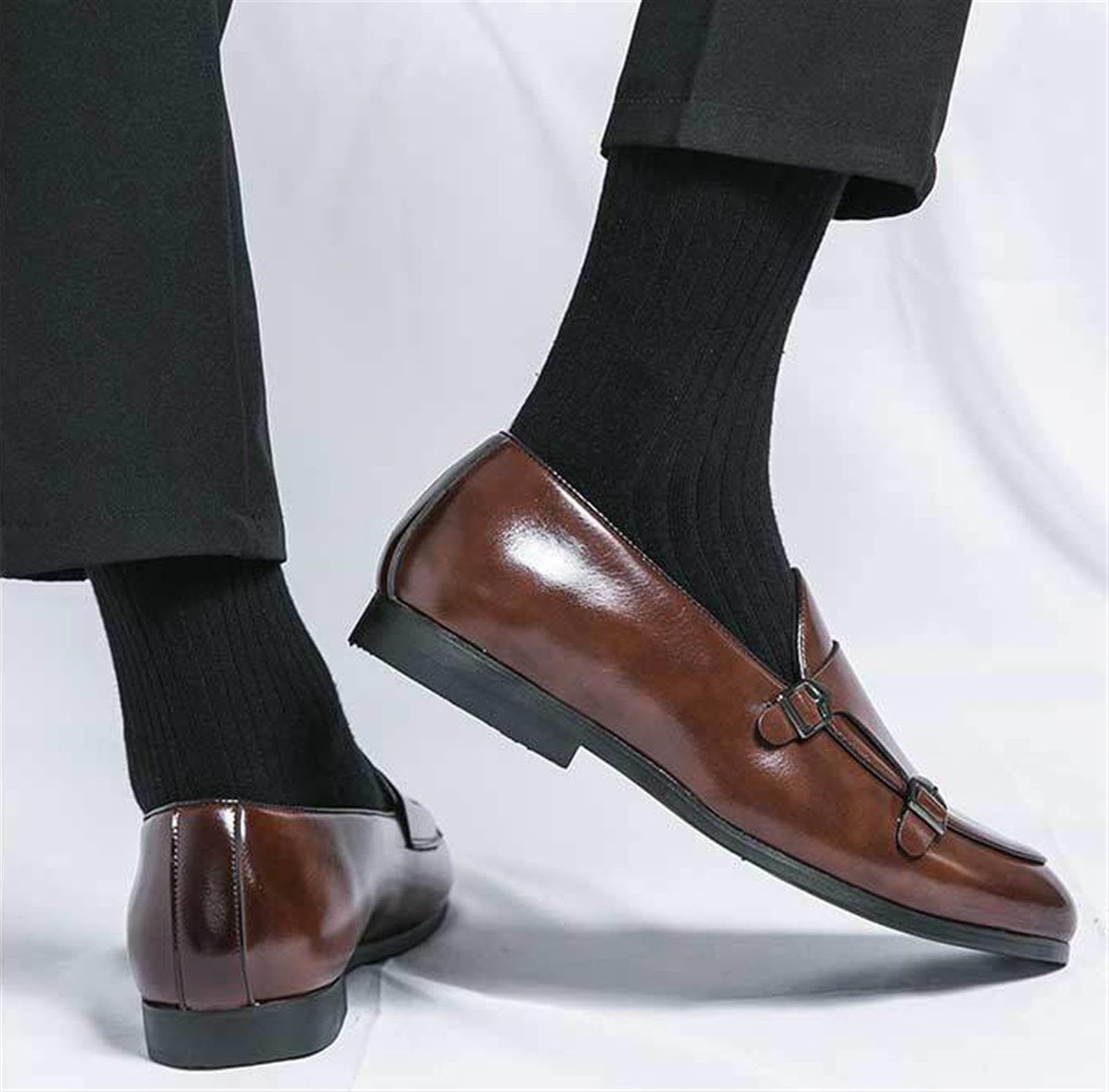 Brogue Scarpe da Uomo in Pelle Elegante Slip-On Double Monk Strap con Fibbia Casuale Scarpe da Sera Mocassini