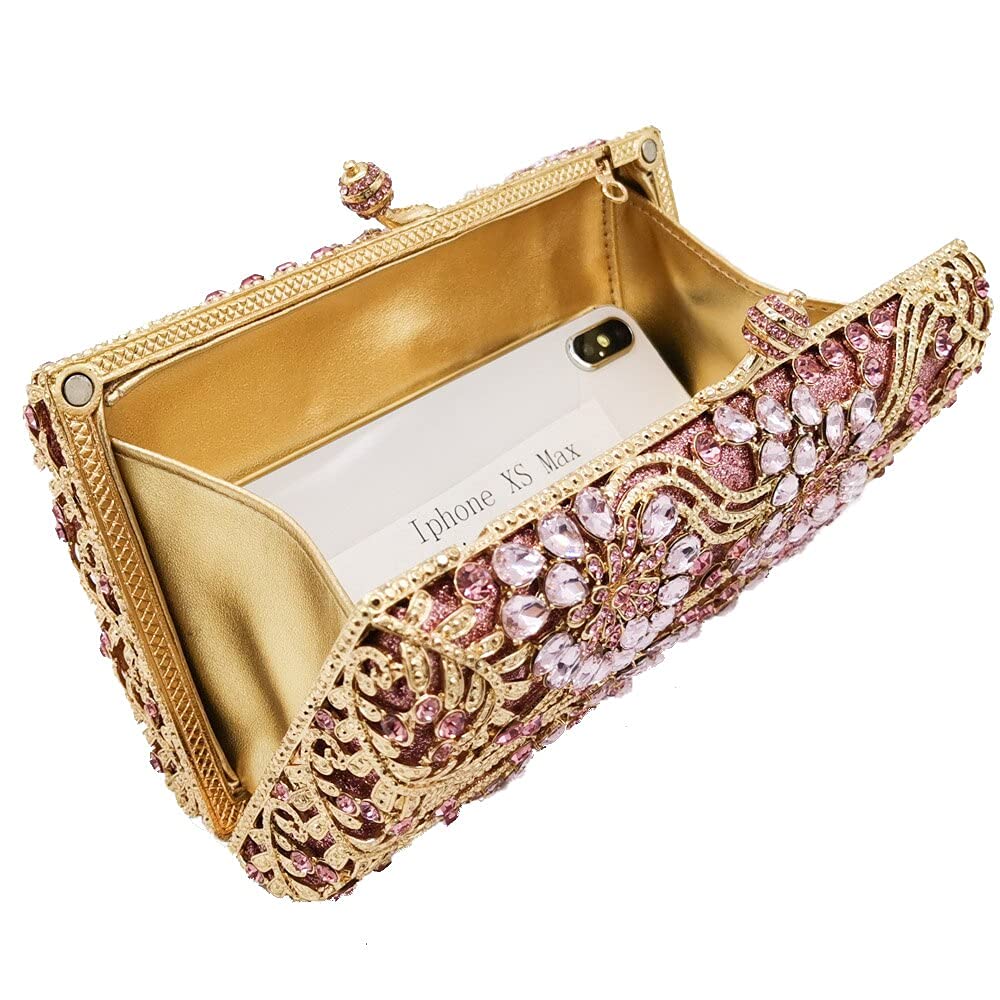 Boutique De FGG Pochette da sera da donna con fiori di cristallo, borsetta e borsetta da sposa per cena, rosa, S, rosa, Small