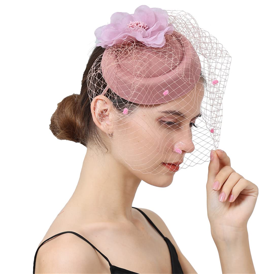 FBHappiness Women Fascinator With Face Veil Wedding Headwear Bride Headpece Hair Clip Headband Party Fedora Cap,Feather Flower Hair Clip(As picture1)