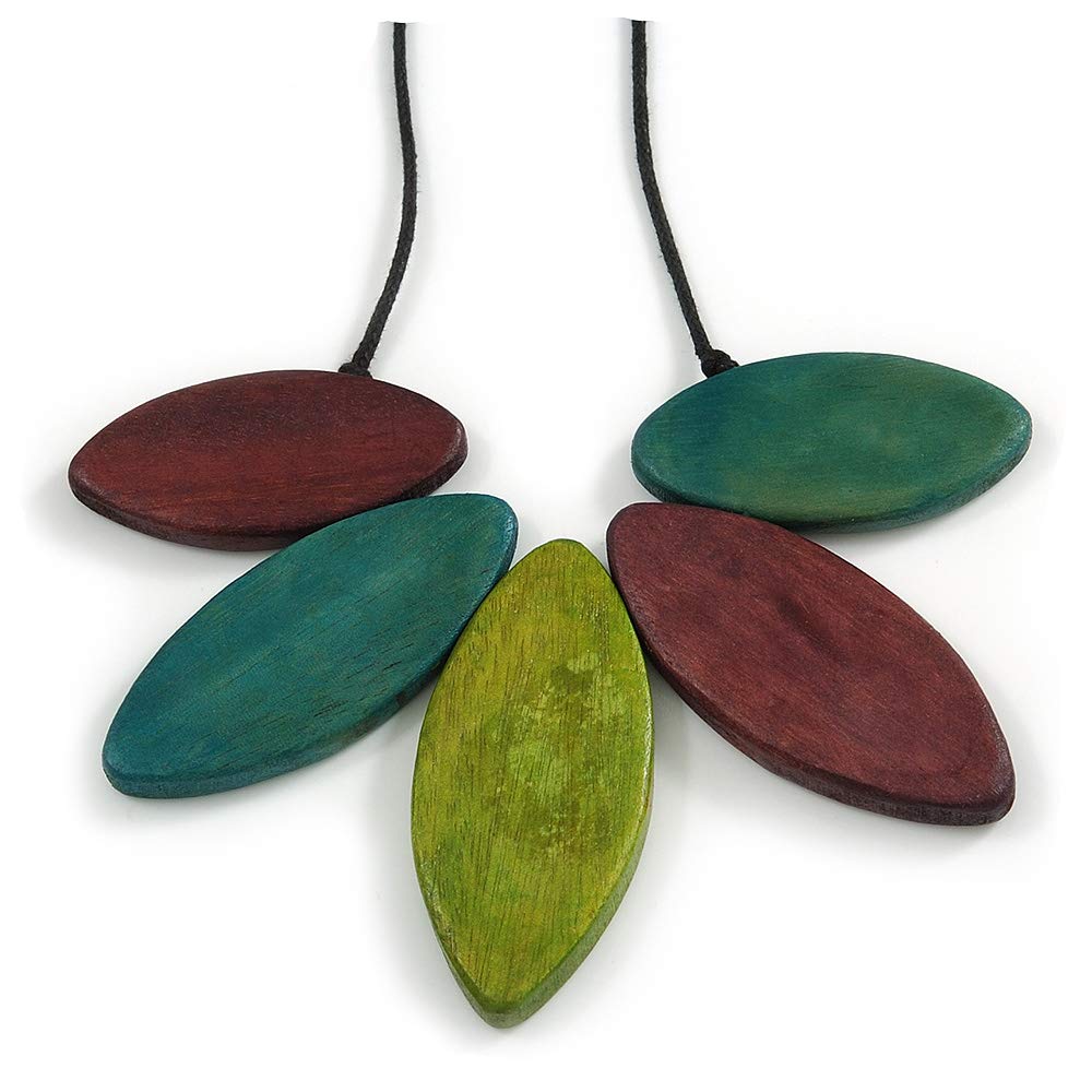 Avalaya Collar de hoja de madera morado/verde azulado/verde oliva con cordón de algodón negro, 100 cm de largo, ajustable, talla única, Madera cordones madera