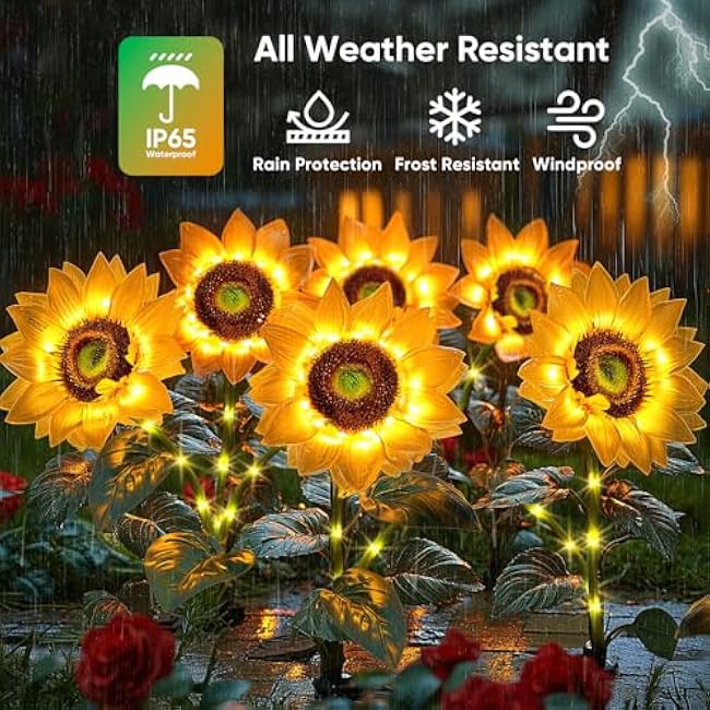 Sunflower Solar Lights Garden Decor: 6-Pack Artificial LED Solar Flower Lights Spring Summer Outdoor Decorations- Waterproof Patio Lamps for Outside Yard Pathway Walkway Porch - Gifts for Women Mom