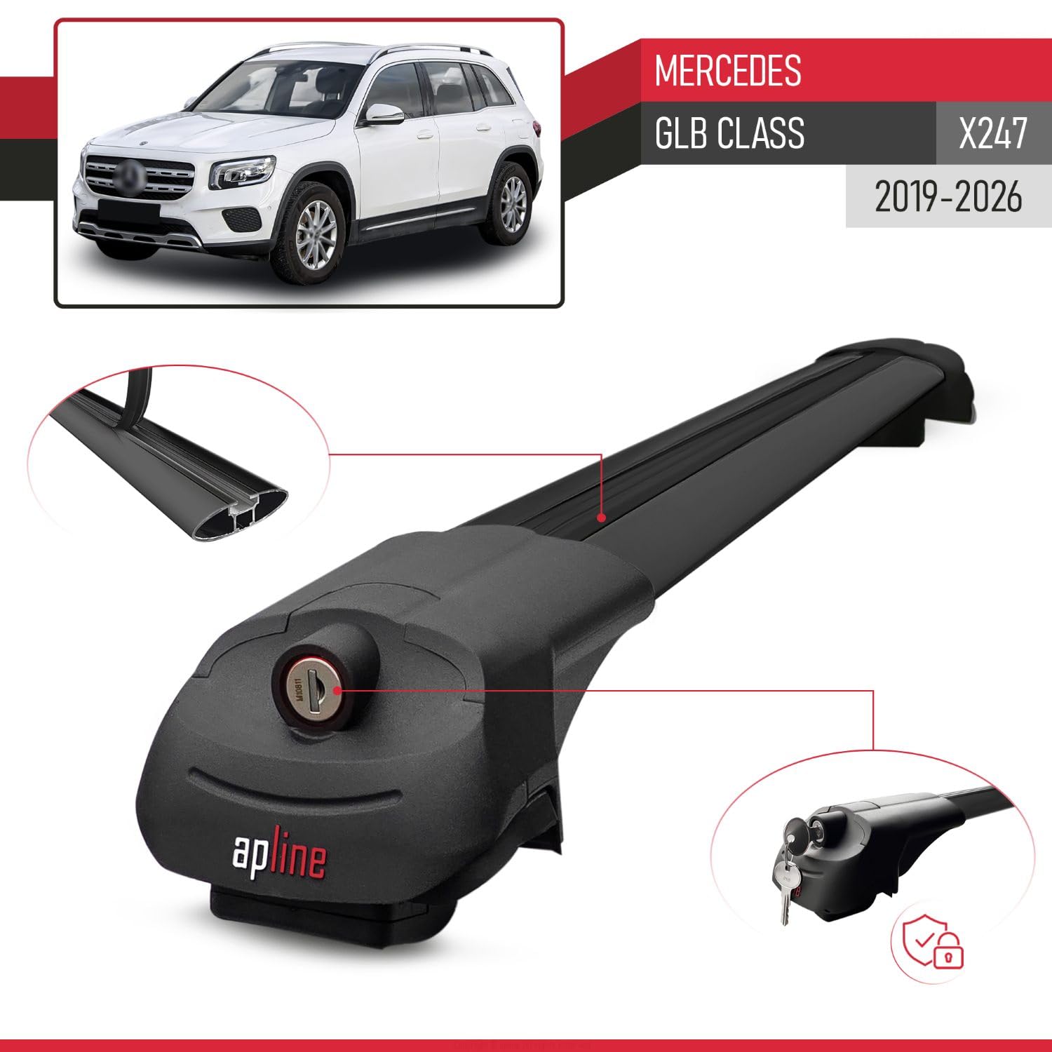 Compatibile con Mercedes GLB Class (X247) 2019-2026 Modello ACE-1 Barre Tetto Portapacchi Auto Barre Portatutto Nero Alluminio 2 Barre