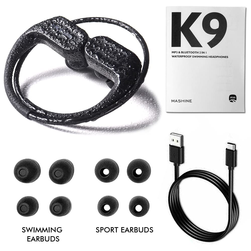 mashine Écouteurs de Natation avec Lecteur MP3 et Bluetooth, Ipx8 sous l'eau 3 Mètres Étanche pour Piscine, Surf, Plongée en Apnée, Course et Fitness, avec Shuffle