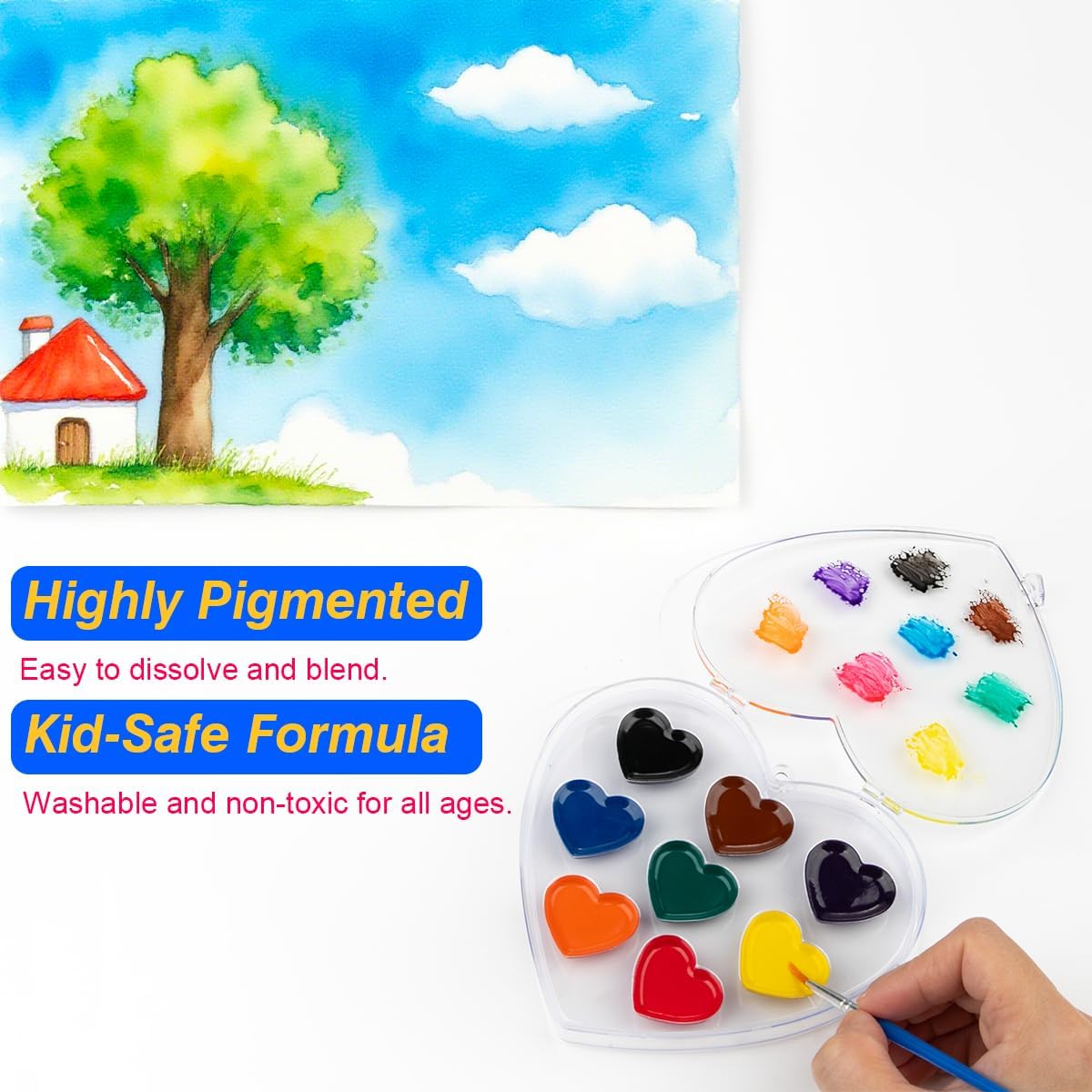 ARTLYMERS 48 Pack Watercolor Paint Set Kids, 8 Washable Heart Shaped Water Colors Paint Sets with Paintbrush for Children, Art Supplies for Preschool Classroom Party Favor Valentines Gifts