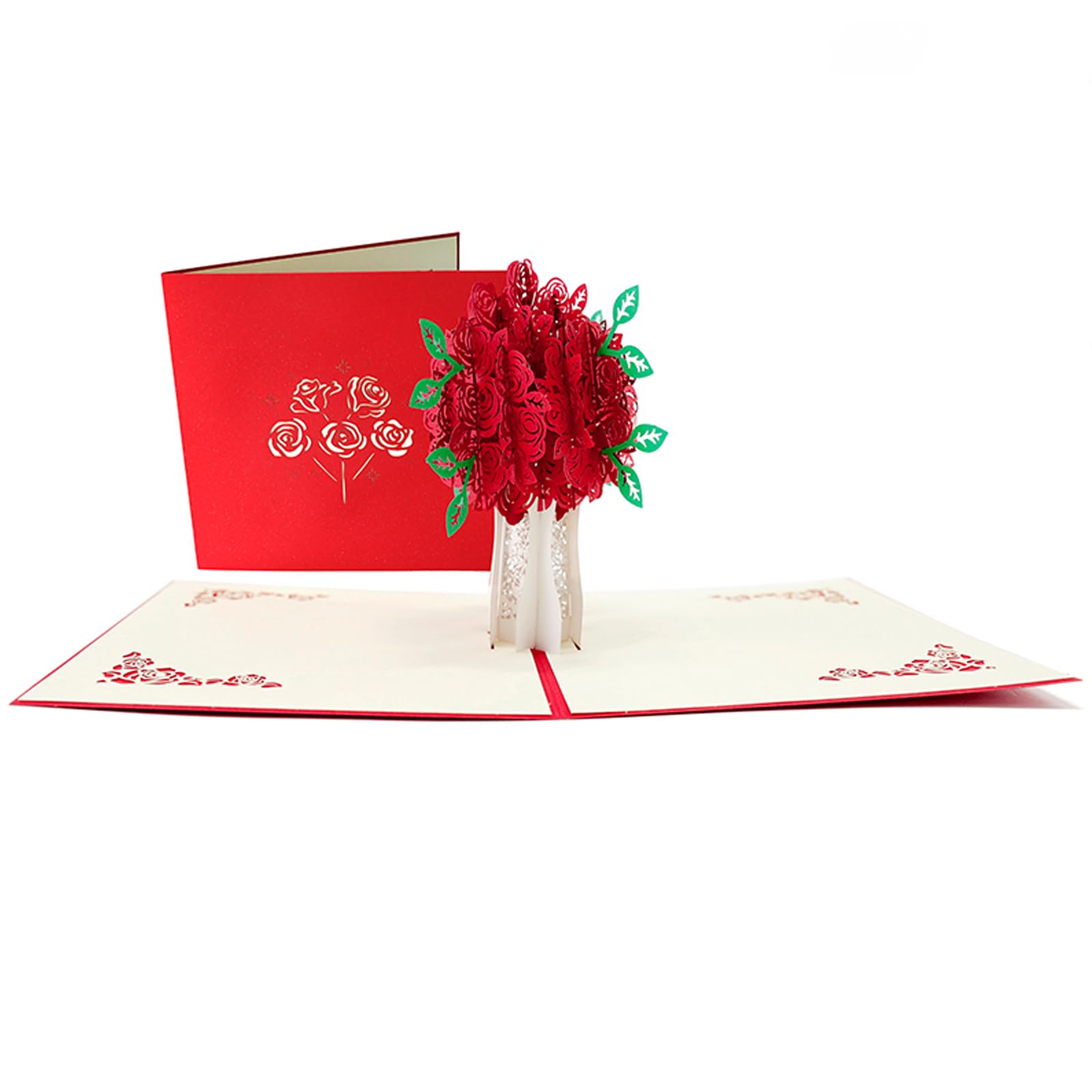 3D Pop Up Karten Grußkarten Weihnachtsbaum Lasergeschnittene Karte mit Umschlag für Weihnachten und Happy New Year (3D Rosenstrauß, 4 Stück)