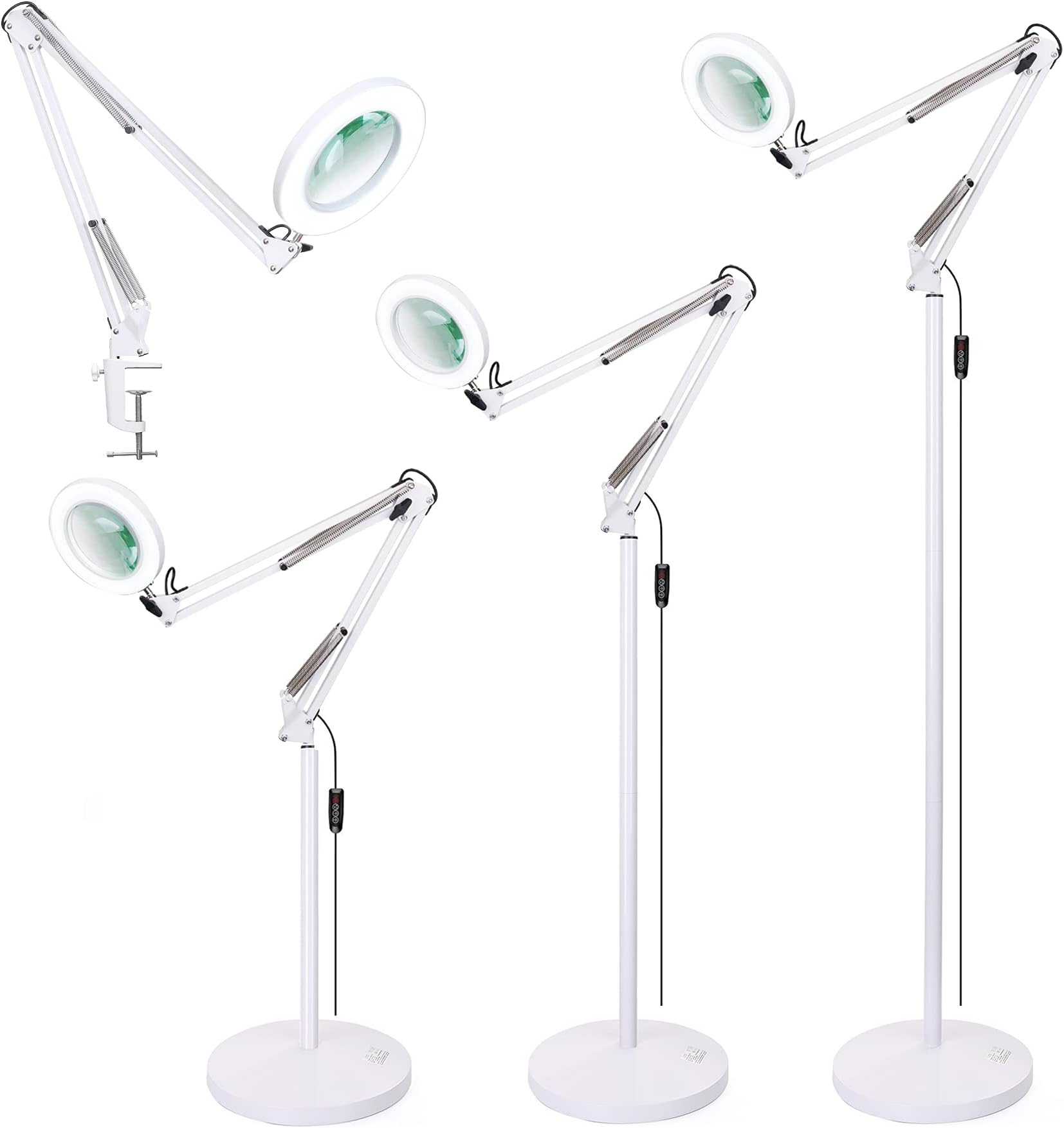 KIRKAS Magnifying Floor Lamp, 3-in-1 Daylight Super Bright 2.25x Facial Magnifier Light with Utility Clamp, Dimmable Full Spectrum Natural Sunlight LED Standing Light Desk Lamp-for Reading Task-White