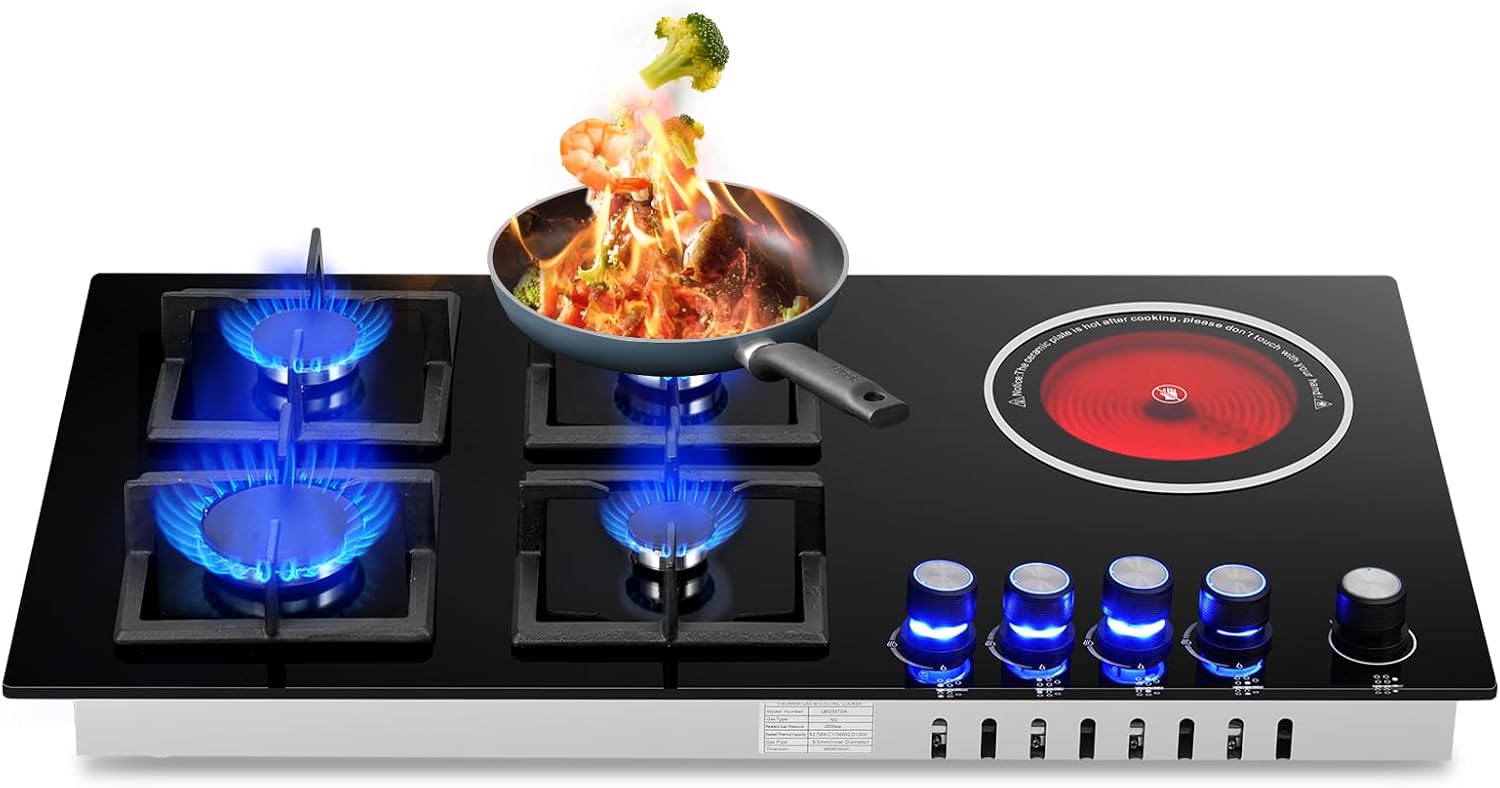 Gas Cooktop 34Inch, 5 Burners Kitchen Stove, Max 24739 BTU Built-in Gas Stove Top with 1800W electric ceramic hob, NG/LPG Convertible, Plug-in, Cast Iron Grates, Black Tempered Glass