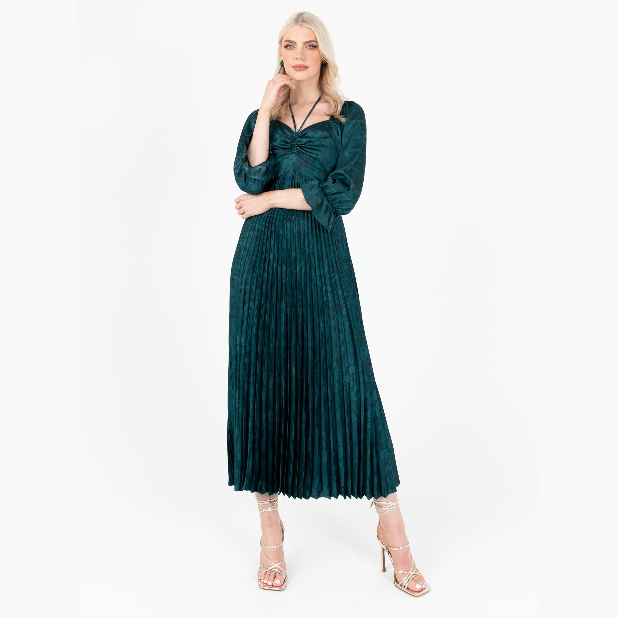 Lovedrobe Women's Midaxi Dress Ladies Emerald Green Pleated Empire A-Line High Waist Tie Neck Wedding Guest Cocktail Evening Prom Vestito Donna