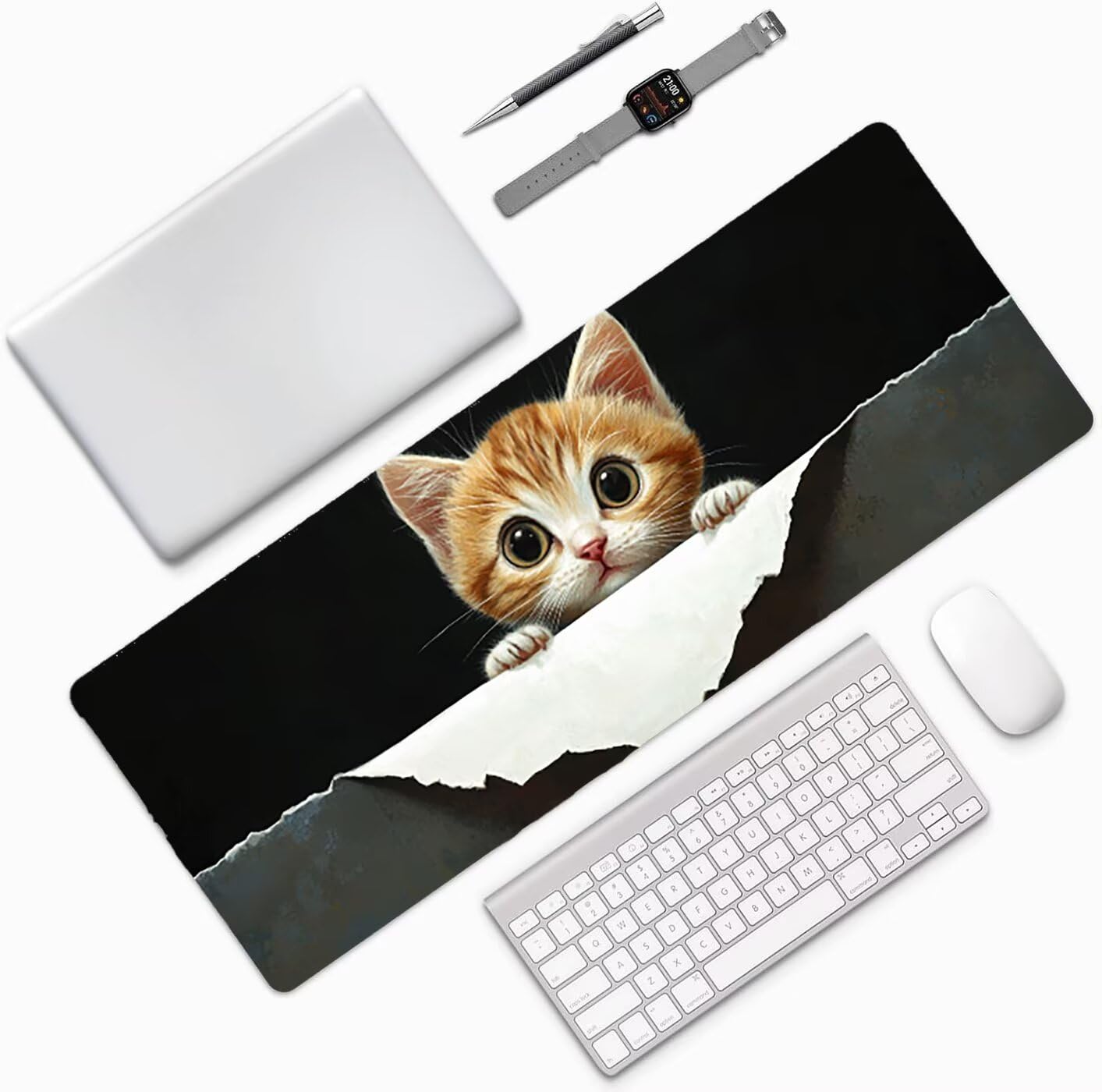 Lpfieonn Katze Schreibtischunterlage XXL, Schwarz Schreibtischunterlagen Großes, Gaming Mousepad XXL mit ernähter Rand und Rutschfeste Gummibasis, Desk Mat für PC/Laptop/Mausa 120x60cm PF-2034