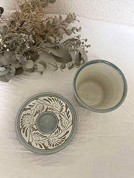 やちむん　育陶園　汁マカイ　茶碗　緑釉唐草白抜線彫　2個　セット やちむん 育陶園 唐草線彫 マグカップ小 緑釉唐草白抜 ¥4,730