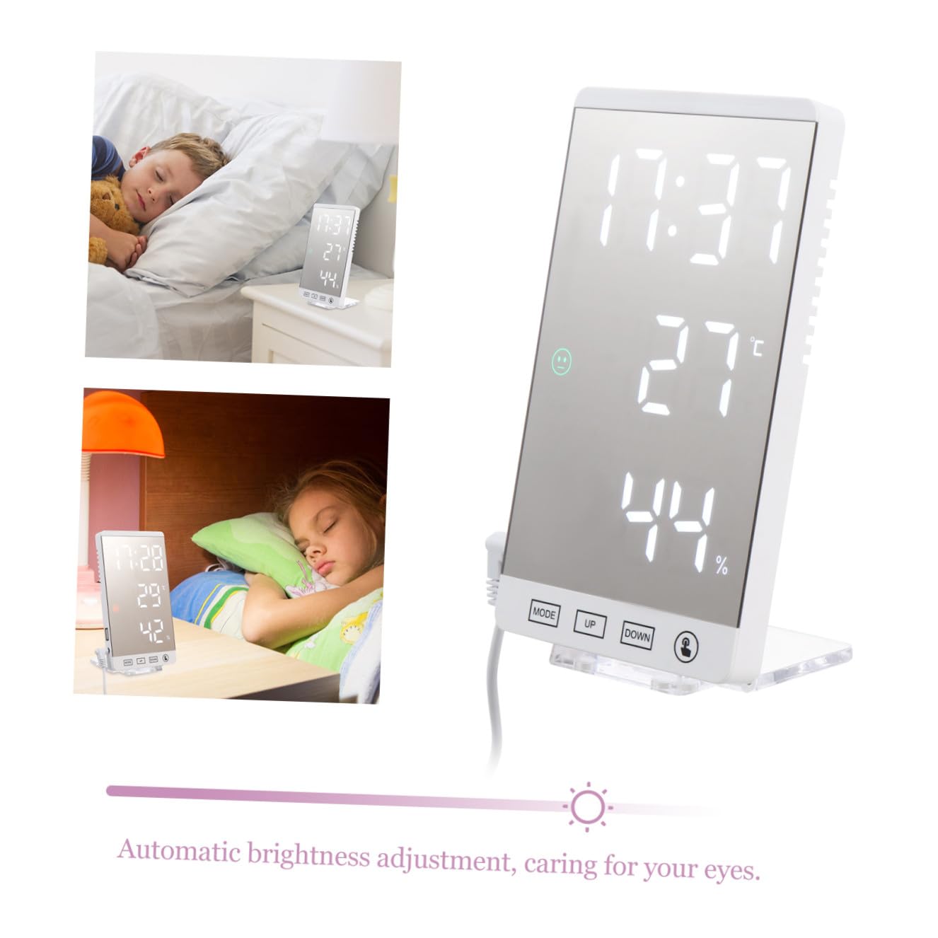 PRETYZOOM Reloj Digital Sobremesa Pantalla de Temperatura y Espejo LED | Abs Blanco, Sensor Integrado, Funcionamiento Silencioso, Uso en Dormitorio y Mesa