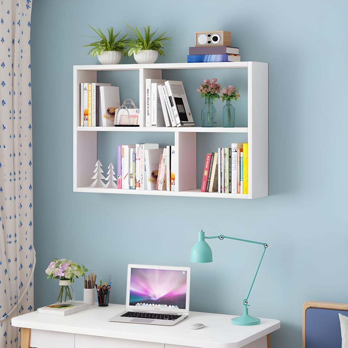 RUNNUP Floating Wall Mount Bookcase Engineered Wood Book Shelf Decor Wall Shelf for Study Room Office Living Room, White 31.5" L x 7.9" W x 25.6" H-image-37